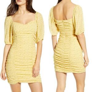 All In Favor Yellow Floral Sasha Ruched Mini Dress Size XL